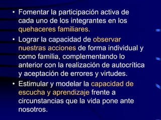 • Fomentar la participación activa de
cada uno de los integrantes en los
quehaceres familiares.
• Lograr la capacidad de observar
nuestras acciones de forma individual y
como familia, complementando lo
anterior con la realización de autocrítica
y aceptación de errores y virtudes.
• Estimular y modelar la capacidad de
escucha y aprendizaje frente a
circunstancias que la vida pone ante
nosotros.
 