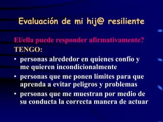 Evaluación de mi hij@ resiliente
El/ella puede responder afirmativamente?
TENGO:
• personas alrededor en quienes confío y
me quieren incondicionalmente
• personas que me ponen límites para que
aprenda a evitar peligros y problemas
• personas que me muestran por medio de
su conducta la correcta manera de actuar
 