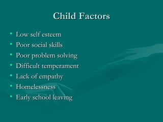 Child Factors Low self esteem Poor social skills Poor problem solving Difficult temperament Lack of empathy Homelessness Early school leaving 