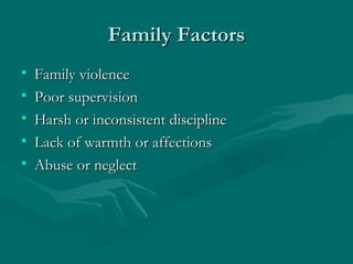 Family Factors Family violence Poor supervision Harsh or inconsistent discipline Lack of warmth or affections Abuse or neglect 