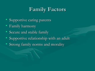 Family Factors Supportive caring parents Family harmony Secure and stable family Supportive relationship with an adult Strong family norms and morality 