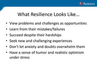 What Resilience Looks Like…
•   View problems and challenges as opportunities
•   Learn from their mistakes/failures
•   Succeed despite their hardships
•   Seek new and challenging experiences
•   Don’t let anxiety and doubts overwhelm them
•   Have a sense of humor and realistic optimism
    under stress
 