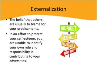 Externalization
• The belief that others
are usually to blame for
your predicaments.
• In an effort to protect
your self-esteem, you
are unable to identify
your own role and
responsibility in
contributing to your
adversities.
 