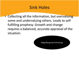 Sink Holes
• Collecting all the information, but overvaluing
some and undervaluing others. Leads to self
fulfilling prophesy. Growth and change
requires a balanced, accurate appraisal of the
situation.
Magnifying and minimizing
 