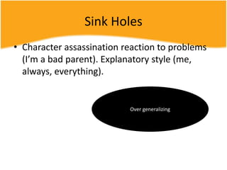 Sink Holes
• Character assassination reaction to problems
(I’m a bad parent). Explanatory style (me,
always, everything).
Over generalizing
 