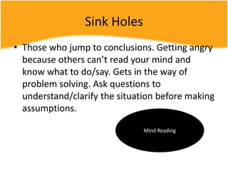 Sink Holes
• Those who jump to conclusions. Getting angry
because others can’t read your mind and
know what to do/say. Gets in the way of
problem solving. Ask questions to
understand/clarify the situation before making
assumptions.
Mind Reading
 
