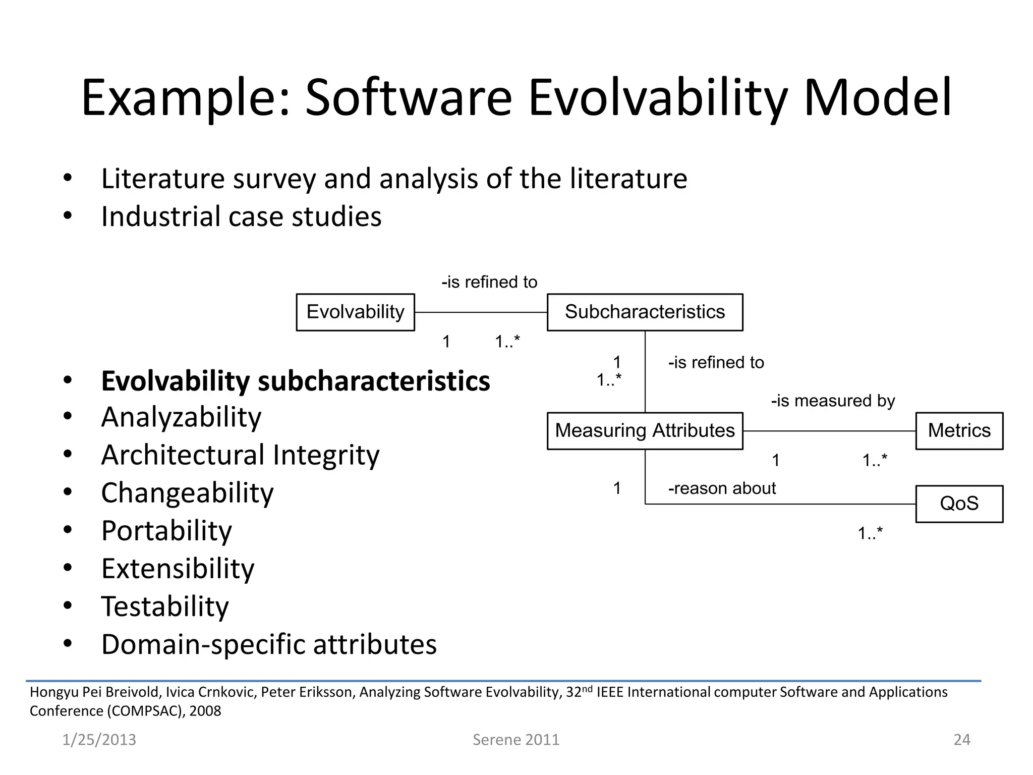 Example: Software Evolvability Model
     • Literature survey and analysis of the literature
     • Industrial case studies
                                                                -is refined to
                                           Evolvability                            Subcharacteristics
                                                                1       1..*
                                                                                          1         -is refined to
     •     Evolvability subcharacteristics                                              1..*
                                                                                                                     -is measured by
     •     Analyzability                                                          Measuring Attributes                                      Metrics
     •     Architectural Integrity                                                                                   1            1..*

     •     Changeability                                                                   1        -reason about
                                                                                                                                              QoS
     •     Portability                                                                                                           1..*

     •     Extensibility
     •     Testability
     •     Domain-specific attributes
Hongyu Pei Breivold, Ivica Crnkovic, Peter Eriksson, Analyzing Software Evolvability, 32nd IEEE International computer Software and Applications
Conference (COMPSAC), 2008
     1/25/2013                                                       Serene 2011                                                                   24
 