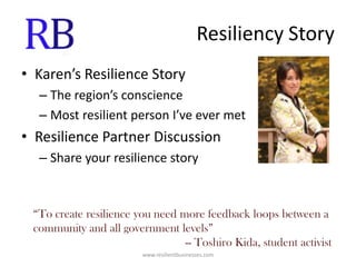 Resiliency StoryKaren’s Resilience StoryThe region’s conscienceMost resilient person I’ve ever metResilience Partner Discussion Share your resilience story“To create resilience you need more feedback loops between a community and all government levels” -- Toshiro Kida, student activistwww.resilientbusinesses.com