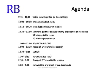 Agenda9:45 – 10:00	Settle in with coffee by Deans Beans10:00 – 10:10 	Welcome by Rich Roth10:10 – 10:30	Introduction by Karen Ribeiro10:30 – 11:00	5 minute partner discussion: my experience of resilience			10 minute table recap			10 minute group recap11:00 – 12:00	ROUNDTABLE ONE12:00 – 12:30	Recap of 1st roundtable session12:30 – 1:15	LUNCH1:30 – 2:30	ROUNDTABLE TWO2:30 – 3:00	Recap of 2nd roundtable session3:00 – 4:00	Networking and small group breakoutswww.resilientbusinesses.com