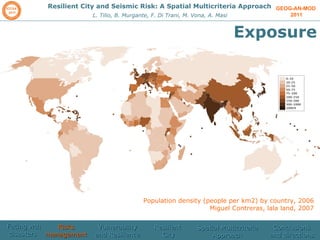 GEOG-AN-MOD  2011 Resilient City and Seismic Risk: A Spatial Multicriteria Approach L. Tilio, B. Murgante, F. Di Trani, M. Vona, A. Masi Exposure Population density (people per km2) by country, 2006 Miguel Contreras, lala land, 2007 Facing wth disasters  Risks management  Vulnerability and Resilience Resilient  City Spatial Multicriteria Approach Conclusions and directions 