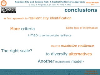 GEOG-AN-MOD  2011 Resilient City and Seismic Risk: A Spatial Multicriteria Approach L. Tilio, B. Murgante, F. Di Trani, M. Vona, A. Masi conclusions  A first approach to  resilient city identification  Some lack of information A  map  to communicate resilience  The right scale? Another  multicriteria  model ? How to  maximize resilience More  criteria to diversify  alternatives Facing wth disasters  Risks management  Vulnerability and Resilience Resilient  City Spatial Multicriteria Approach Conclusions and directions 
