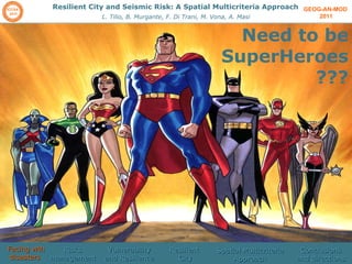GEOG-AN-MOD  2011 Resilient City and Seismic Risk: A Spatial Multicriteria Approach L. Tilio, B. Murgante, F. Di Trani, M. Vona, A. Masi Need to be SuperHeroes??? Facing wth disasters  Risks management  Vulnerability and Resilience Resilient  City Spatial Multicriteria Approach Conclusions and directions 