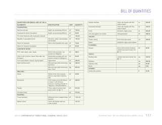 BILL OF QUANTITIES
QUANTITIES FOR SINGLE UNIT OF 780 m2
ElLEMENTS

Vertical member
SPECIFICATION

UNIT

QUANTITY

Remove top soil

Depth not exceeding 200mm

m2

736.00

Excavate for trench foundation

Depth not exceeding 800mm

m

65.80

FOUNDATION :

3

10mm dia treated with two
coats of paint

m

300.00

Horizontal member

10mm dia treated with two
coats of paint

m

720.00

Purlin

30x40mm Zigba wood

m

450.00

CIS (corrugated iron sheet)

G28 galvanised

2

m

486.00

m2

259.00

40mm thick smooth finished
cement and sand mortar mix
@ 1:3

m2

46.00

Cement and sand mortar mix
@ 1:3

no.

250.00

m3

Fill under hardcore with excavated material

100.00

CEILING :
Timber ceiling

8mm thick chip wood

Batten

40x50mm zigba wood battens

Basaltic or equivalent stone

250 thick, rolled, consolidated,
and blinded

m3

100.00

Stone for hardcore

50mm thick beneath floor slab

m3

78.00

Stone for masonry foundation

m3

55.00

FLOORING :
Screed

CONCRETE WORK :
PCC (wall, beam, slab, ramp)

50mm thick concrete, min.
content of 150kg/m3

m3

360.0

Cast-in-situ (Column, beam, floor slab, top
tie beam)

Reinforced concrete with min.
cement content of 360kg/m3

m3

60.00

Roofing nails

Form work (beam, column, top tie beam)

Zigba wood

m2

300.00

Steel reinforcement

Mild and high yield reinforcing
bars 6mm

kg

208.00

Washers

no.

250.00

Orginary nails

no.

40.00

Mild and high yield reinforcing
bars 12mm

kg

Brush

no.

5.00

lt

23.00

Stone

400mm thick hard trachytic
stone or equivalent masonry
wall

m

Blockwork

HCB (Hollow Concrete Block)
of class C with 28 days
minimum crushing strength of
18kg/cm2, 200x200x400mm

m2

256.00

Plaster

Three coats of cement and
sand mortar mix @ 1:3

m2

573.00

m2

573.00

m2

1500.00

TOOLS :

825.00

Antitermite solution

WALLING :

Emulsion Paint

OTHERS :

3

45.00

ROOFING :
Truss members

2000x40x12mm treated timber
sections

Bottom chord

12mm dia treated with two
coats of paint

U N I C E F C O M P E N D I U M O F T R A N S I T I O N A L L E A R N I N G S PA C E S 2 0 1 3

350.00

E T H I O P I A / S AV E T H E C H I L D R E N / D I S P L A C E M E N T / 2 0 1 0

111

 