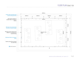 FLOOR PLAN SCALE 1:50

8050mm
Surface water drainage trench
around building perimeter

2000mm

Clear plastic sheeting on
bamboo rollers, mounted on
exterior

2000mm

2000mm

2000mm

7850mm

2475mm
2475mm

Blackboard fixed to to bamboo
frame

Classroom area
40sqm

5050mm

Steel pipe columns 50mm dia at
2000mm c/c embedded into
concrete footing

4850mm

Steel pipe cross bracing fixed
at corners for lateral strength

Bamboo poles 50mm dia fixed
into steel frame

IMPROVEMENTS

U N I C E F C O M P E N D I U M O F T R A N S I T I O N A L L E A R N I N G S PA C E S 2 0 1 3

DA R F U R / P L A N I N T E R N AT I O N A L / I D P C A M P / 2 0 1 1

143

 