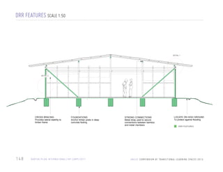 DRR FEATURES SCALE 1:50

DETAIL 1

DETAIL 2

CROSS BRACING
Provides lateral stability to
timber frame

148

FOUNDATIONS
Anchor timber posts in deep
concrete footing

DA R F U R / P L A N I N T E R N AT I O N A L / I D P C A M P / 2 0 1 1

STRONG CONNECTIONS
Metal strap used to secure
connections between bamboo
and metal members

LOCATE ON HIGH GROUND
To protect against flooding
DRR FEATURES

U N I C E F C O M P E N D I U M O F T R A N S I T I O N A L L E A R N I N G S PA C E S 2 0 1 3

 