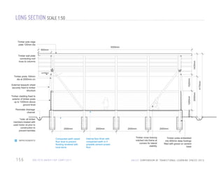 LONG SECTION SCALE 1:50

Timber pole ridge
plate 120mm dia

9300mm

800mm

1420mm

Timber wall plate
connecting roof
truss to columns

ventilation

1200mm

Timber cladding fixed to
exterior of timber posts
up to 1200mm above
ground level

*note: all timber
members treated with
used motor oil prior to
construction to
prevent termites

IMPROVEMENTS

156

420mm

Perimeter drainage
channel

2500mm

External tarpaulin sheet
securely fixed to timber
structure

4170mm

1020mm

Timber posts 100mm
dia at 2000mm c/c

2000mm

Compacted earth raised
floor level to prevent
flooding rendered with
local stone

DRC/ECD UNIDEF/IDP CAMP/2011

2000mm

Internal floor finish with
compacted earth or if
possible cement screed
floor

2000mm

Timber cross bracing
notched into frame at
corners for lateral
stability

2000mm

Timber poles embedded
into 600mm deep footings
filled with gravel on cement
base

U N I C E F C O M P E N D I U M O F T R A N S I T I O N A L L E A R N I N G S PA C E S 2 0 1 3

 