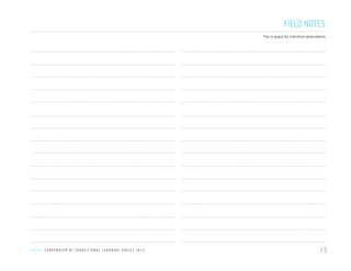 FIELD NOTES
This is space for individual observations

U N I C E F C O M P E N D I U M O F T R A N S I T I O N A L L E A R N I N G S PA C E S 2 0 1 3

15

 