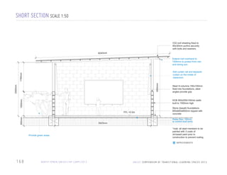 SHORT SECTION SCALE 1:50

CGI roof sheeting fixed to
60x30mm purlins securely
with bolts and washers.
8240mm

Extend roof overhand to
1000mm to protect from rain
and strong sun

3300mm

3500mm

1790mm

Add curtain rail and tarpaulin
curtain on the inside of
classroom
Steel H-columns 150x100mm
fixed into foundations, steel
angles provide grip

1500mm

HCB 450x200x150mm walls
built to 1500mm high

600mm

FFL +0.0m

5925mm

Provide green areas

Stone (basalt) foundations
600x600x600mm topped with
concrete
Raise floor 100mm
to control dust entry
*note: all steel members to be
painted with 3 coats of
oil-based paint prior to
construction to prevent rusting
IMPROVEMENTS

168

N O RT H Y E M E N / U N I C E F / I D P C A M P / 2 0 1 2

U N I C E F C O M P E N D I U M O F T R A N S I T I O N A L L E A R N I N G S PA C E S 2 0 1 3

 