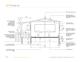 SECTION SCALE 1:50
Metal ridge capping sheet
Sandwich panel, GI
ribbed pre-painted sheet
0.45 mm thick both sides.
EPS 50mm

700

1500

Hollow steel tube,
75 x 50 mm roof truss

910

480

Sandwich panel with
50mm EPS
insulation and GI
pre-painted sheet
slightly profiled on
both sides 0.45mm
thick.

4058

PVC window in open
position, can be tied back
with hook and eyelet to
wall
300mm deep re-inforced
concrete ring beam on
250 thick brick
foundations
305

915

600

300

Sandwich panel with 50mm
EPS insulation and GI
pre-painted sheet slightly
profiled on both sides
0.45mm thick.

Blackboard

1195

Steel hand rail to
entrance steps

100mm PCC (1:2:4),
panelled at 1200x1200mm

2390

300
4780

75mm brick or stone
ballast with 75mm sand
filing

180

PA K I S TA N / F L O O D I N G / U N I C E F / U P DAT E / 2 0 1 1

Concrete perimeter
protective path

75mm rammed stone
ballast base to blockwork
foundation with reinforced
concrete ring beam
capping
Compacted earth

U N I C E F C O M P E N D I U M O F T R A N S I T I O N A L L E A R N I N G S PA C E S 2 0 1 3

 