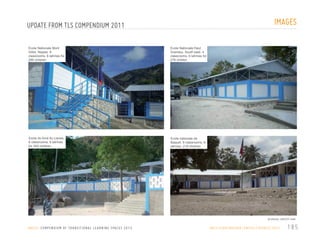 IMAGES

UPDATE FROM TLS COMPENDIUM 2011
Ecole Nationale Mont
Gillot, Nippes. 6
classrooms, 6 latrines for
289 children

Ecole Nationale Haut
Grandou, South east. 4
classrooms, 6 latrines for
276 childen

Ecole du fond du Lianes,
6 classrooms, 6 latrines
for 204 children

Ecole nationale de
Baquet, 9 classrooms, 8
latrines, 219 children

All photos: UNICEF/ Haiti

U N I C E F C O M P E N D I U M O F T R A N S I T I O N A L L E A R N I N G S PA C E S 2 0 1 3

H A I T I / E A RT H Q UA K E / U N I C E F / U P DAT E / 2 0 1 1

185

 