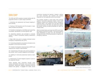 DRR/DRP
The DRR and DRP programs included working with 40
supported schools in a wide range of activities:
I. Conducting risk assessment and hazard mapping in
all 40 schools.
II. Training of 240 teachers and 80 principals in basic
DRR principles and activities.
III. Formation of emergency committees and supporting
committees’ identification of school-specific risks.
IV. Supporting teachers and principals to educate
children in Hazard Vulnerability Capacity Assessment
(HVCA).

community including the teachers, students, parents
and local community and received very positive
response from the supported school communities.
The program resulted in some basic early warning
systems, community awareness boards, some small
mitigation projects and individual schools’ emergency
response teams. The program has now been handed
over to the schools with some very light touch support
and refresh training provided periodically by Save the
Children team.
After hurricanes Sandy and Isaac the SERTs were Save
the Children’s first point of contact. The communications
were established by phone and vital information on
damage and extent of flooding assessed to organise the
emergency response.

Children identifying risks and hazards

V. Major effort was given to prepare individual school
Emergency Preparedness Plan (EPP).
VI. Conducting emergency evacuations simulations and
simulation in HVCA at all 40 schools.
VII. Creation of emergency response teams (SERT) and
assigning key rolesand responsibilities.

Creating an emergency evacuation plan

VIII. Implementing of 40 basic early warning systems in
the schools, which included megaphone and whistles.
IX. Installing of community awareness boards at each
school.
X. Implementing 10 small mitigation projects in some of
the supported schools.
These activities were conducted through using
various participation techniques, such as focus group
workshops, hazard/risk mapping, developing learning
material and games. It engaged the whole school

U N I C E F C O M P E N D I U M O F T R A N S I T I O N A L L E A R N I N G S PA C E S 2 0 1 3

Construction of a TLS

Emergency evacuation drill in action
All photos: Andrew Powell/Save the Children

H A I T I / E A RT H Q UA K E / S AV E T H E C H I L D R E N / U P DAT E / 2 0 1 1

193

 