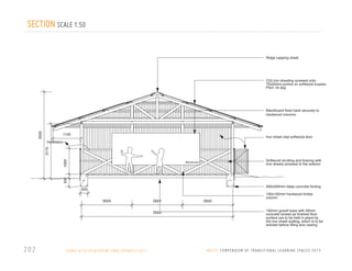 SECTION SCALE 1:50
Ridge capping sheet

CGI iron sheeting screwed onto
75x50mm purlins on softwood trusses.
Pitch 18 deg

3 50

Blackboard fixed back securely to
hardwood columns

1100

Iron sheet clad softwood door

1 00

175

Ventilation

Softwood strutting and bracing with
Iron sheets screwed to the exterior

500

Blackboard
Blackboard

300x500mm deep concrete footing

300
000

000
000

202

S O M A L I A / D I S P L A C E M E N T / N R C / U P DAT E / 2 0 1 1

000

100x100mm hardwood timber
column
150mm gravel base with 50mm
concrete screed as finished floor
surface are to be held in place by
the iron sheet walling, which is to be
erected before filling and casting

U N I C E F C O M P E N D I U M O F T R A N S I T I O N A L L E A R N I N G S PA C E S 2 0 1 3

 