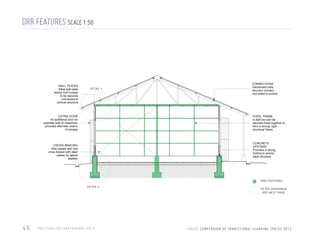 DRR FEATURES SCALE 1:50

WALL PLATES
Steel wall plate
allows roof trusses
to be securely
connected to
vertical structure

DETAIL 1

EXTRA DOOR
An additional door on
opposite side of classroom
provides alternate means
of escape

CONNECTIONS
Galvanised bolts
securely connect
roof sheet to purlins

STEEL FRAME
Is light but can be
securely fixed together to
form a strong, rigid
structural frame

CONCRETE
UPSTAND
Provides a strong
footing to anchor
steel structure

CROSS BRACING
Wall panels and roof
cross braced with steel
cables for lateral
stability

DRR FEATURES
DETAIL 2

46

PA K I S TA N / C R S / E A RT H Q UA K E / 2 0 1 0

DETAIL DRAWINGS
- SEE NEXT PAGE

U N I C E F C O M P E N D I U M O F T R A N S I T I O N A L L E A R N I N G S PA C E S 2 0 1 3

 