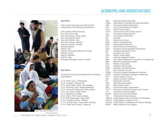 ACRONYMS AND ABBREVIATIONS
SECTION C
Case studies have been provided from the
programmes of the following organisations:
CRS (Catholic Relief Services)
Finn Church Aid, Haiti
Plan International, South Sudan
Plan International, Darfur
Save the Children, Haiti
Save the Children, Pakistan
Save the Children, Ethiopia
UNHCR Rwanda
UNICEF Iran
UNICEF Democratic Republic of Congo
UNICEF Yemen
UNICEF Pakistan
UNICEF Haiti
Norwegian Refugee Council, Somalia

SECTION D
Innovations have been provided from the following
organisations:
D 1.0: EHCP, Govt. of Philippines
D 2.0: Tutudesk, Tutudesk UK
D 3.0: Solar Radio, Lifeline Technologies,
D 4.0: 5$ Gravity Light, Riddiford&Reeves
D 5.0: Community classroom, ASD projects
D 6.0: Eco-domes, Nader Khalili
D 7.0: Papinotas, Socialab
D 8.0: SHELL.TER, Like Architects,
D 9.0: Birth Registration, Rapid SMS
D 10.0: Habitech Centre, Thailand
D 11.0: Gando library, Francis Kere Architect
D 12.0: Palm leave school, 3 Ideas ltd.

ABE
ARRA
CBO
CCC
CFS
CCFS
CGI
CEB
Dia.
DPC
DPM
DRR
ECD
ESD
ERT
FFL
HCB
IDP
INEE
MDG
MoE
NTS
O&M
PCC
PDMA
PEER
PTC
QEI
RC
SAD
SHS
SRO
TVET
TLS
SCCW
TSS
UNHCR
UNICEF
USCCB
WASH

Alternative Based Education
Association for Refugee and Returnee Affairs
Community Based Organisation
Core Commitments for Children
Child Friendly Space
Community & Child Friendly School
Corrugated Galvanised Iron
Compressed Earth Block
Diameter
Damp Proof Course
Damp Proof Membrane
Disaster Risk Reduction
Early Childhood Development
Education and Sustainable Development
Emergency Response Team
Finished Floor Level
Hollow Cement Block
Internally Displaced Person
Inter-agency Network for Education in Emergencies
Millenium Development Goals
Ministry of Education
Drawing is Not to Scale
Operation and Maintenance
Plain Cement Concrete
Provincial Disaster Management Authority
Pakistan Earthquake Emergency Response
Parent Teacher Council
Quality Education Initiative
Reinforced Concrete
Safe Adequate Durable
Steel Hollow Section
School Renovation Organisation
Technical Vocational Education and Training
Transitional Learning Space
State Council of Child Welfare
Transitional School Structure
United Nations High Commission for Refugees
United Nations Childrens Fund
United States Confederation of Catholic Bishops
Water Sanitation and Hygiene

Khotri Hilcot School Pakistan C 1.0
Photo: CRS/ Pakistan

U N I C E F C O M P E N D I U M O F T R A N S I T I O N A L L E A R N I N G S PA C E S 2 0 1 3

3

 