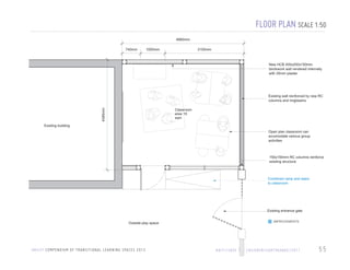 FLOOR PLAN SCALE 1:50
4860mm
740mm

1000mm

3150mm

New HCB 400x200x150mm
blockwork wall rendered internally
with 25mm plaster

Existing wall reinforced by new RC
columns and ringbeams
4395mm

Classroom
area 19
sqm

Existing building
Open plan classroom can
accomodate various group
activities

150x150mm RC columns reinforce
existing structure

Combined ramp and stairs
to classroom

Existing entrance gate
Outside play space

U N I C E F C O M P E N D I U M O F T R A N S I T I O N A L L E A R N I N G S PA C E S 2 0 1 3

IMPROVEMENTS

H A I T I / S AV E T H E C H I L D R E N / E A RT H Q UA K E / 2 0 1 1

55

 