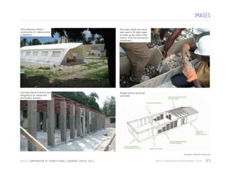 IMAGES
Tent classroom before
construction of ‘rubble school’
in Matthieu

Recycled rubble and stone
was used to fill steel cages
to make up the walls of the
school. They are strong and
sustainable.

Concrete frame of school was
designed to be robust and
earthquake resistant

CAPTION
Rubble school structural
principles

All photos : Haiti /Finn Church Aid

U N I C E F C O M P E N D I U M O F T R A N S I T I O N A L L E A R N I N G S PA C E S 2 0 1 3

H A I T I / F I N N C H U R C H / E A RT H Q UA K E / 2 0 1 0

65

 