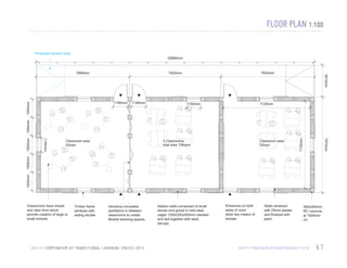 FLOOR PLAN 1:100
Proposed second ramp
22860mm

1190mm

1190mm

1150mm

7125mm

1500mm

1500mm

Classroom area
52sqm

7135mm

3 Classrooms
total area 156sqm

Classroom area
52sqm

7870mm

1140mm

1500mm

1500mm

1500mm

7620mm

7620mm

2610mm

7685mm

Classrooms have simple
and clear form which
permits creation of large or
small schools

Timber frame
windows with
sliding shutter

Introduce moveable
partititions in between
classrooms to create
flexible teaching spaces

U N I C E F C O M P E N D I U M O F T R A N S I T I O N A L L E A R N I N G S PA C E S 2 0 1 3

Gabion walls composed of small
stones and gravel in mild steel
cages 1200x300x500mm stacked
and tied together with steel
stirrups

Entrances on both
sides of room
allow two means of
escape

Walls rendered
with 25mm plaster
and finished with
paint

300x300mm
RC columns
at 1500mm
c/c

H A I T I / F I N N C H U R C H / E A RT H Q UA K E / 2 0 1 0

67

 