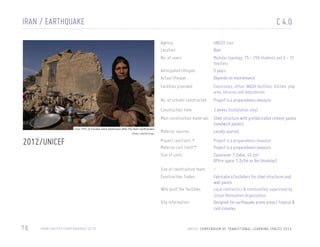 IRAN / EARTHQUAKE

C 4.0
agency:
location:
no. of users:
anticipated lifespan:
actual lifespan:

UNICEF, Iran
Bam
Modular typology: 75 - 250 students and 6 - 15
teachers
5 years
Depends on maintenance

facilities provided:
no. of schools constructed:

Photo: UNICEF/Iran

2012/UNICEF

Project is a preparedness measure

construction time:

Over 70% of houses were destroyed after the Bam earthquake

Classrooms, office, WASH facilities, kitchen, play
area, libraries and laboratories
3 weeks (installation only)

Main construction materials Steel structure with prefabricated cement panels
(sandwich panels)
Material sources:
Locally sourced
project cost/unit: *
Material cost /unit:*
size of units:

Project is a preparedness measure
Project is a preparedness measure
Classroom: 7.2x6m, 43.2m2
Office space: 7.2x3m or 6m (modular)

size of construction team:
construction trades:

Fabricators/installers for steel structures and
wall panels
Local contractors & communities supervised by
School Renovation Organization
Designed for earthquake prone areas/ tropical &
cold climates

who built the facilities:
site information:

/////////

76

I R A N / U N I C E F / E A RT H Q UA K E / 2 0 1 0

U N I C E F C O M P E N D I U M O F T R A N S I T I O N A L L E A R N I N G S PA C E S 2 0 1 3

 