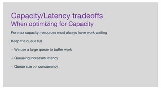Capacity/Latency tradeoffs
When optimizing for Capacity
For max capacity, resources must always have work waiting
Keep the queue full
▪ We use a large queue to buffer work
▪ Queueing increases latency
▪ Queue size >> concurrency
 