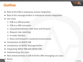 Outline
● Role of the ESB in enterprise service integration
● Role of the message broker in enterprise service integration
● Use cases
○ ESB as a JMS provider
○ ESB as a JMS consumer
○ Guaranteed delivery with store and forward
○ Request rate matching
○ In-order Delivery
○ Store and forward in clustered environments
● Introduction to WSO2 ESB
● Introduction to WSO2 Message Broker
● Integrating WSO2 MB with WSO2 ESB
● Implementing Use cases
● New enhancements in ESB 4.9.0 for JMS messaging use cases
● Demo
 