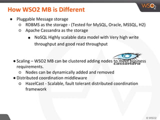 How WSO2 MB is Different
● Pluggable Message storage
○ RDBMS as the storage - (Tested for MySQL, Oracle, MSSQL, H2)
○ Apache Cassandra as the storage
■ NoSQL Highly scalable data model with Very high write
throughput and good read throughput
● Scaling – WSO2 MB can be clustered adding nodes to meet business
requirements.
○ Nodes can be dynamically added and removed
● Distributed coordination middleware
○ HazelCast - Scalable, fault tolerant distributed coordination
framework
 