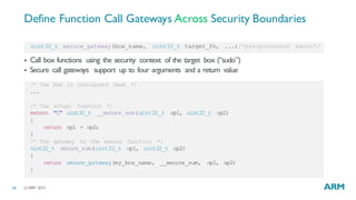 ©ARM 201516
Define Function Call Gateways Across Security Boundaries
uint32_t secure_gateway(box_name, uint32_t target_fn, ...)/*pre-processor macro*/
§ Call box functions using the security context of the target box (“sudo”)
§ Secure call gateways support up to four arguments and a return value
/* the box is configured here */
...
/* the actual function */
extern "C" uint32_t __secure_sum(uint32_t op1, uint32_t op2)
{
return op1 + op2;
}
/* the gateway to the secure function */
uint32_t secure_sum(uint32_t op1, uint32_t op2)
{
return secure_gateway(my_box_name, __secure_sum, op1, op2)
}
 