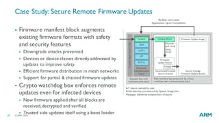 ©ARM 201527
Case Study: Secure Remote Firmware Updates
Exposed box with
communication stack
GAP
GATT
AP
BLE LL
Bluetooth
Communication
Stack
Flash interface box protected by uVisor
– without own communication stack
CustomApplicationCode
Opaque Block
IoT device owned by user,
Initial identity provisioned by System Integrator,
Messages delivered independent of stacks
Firmware
update blocks
FW005
Firmware Update Image
Secure Storage,
Firmware Update Blocks
Re-flash Untrusted
Application Upon Completion
Opaque
Secured and trusted
device process
Decrypt
and verify
using
DTLS
§ Firmware manifest block augments
existing firmware formats with safety
and security features
§ Downgrade attacks prevented
§ Devices or device classes directly addressed by
updates to improve safety
§ Efficient firmware distribution in mesh networks
§ Support for partial & chained firmware updates
§ Crypto watchdog box enforces remote
updates even for infected devices
§ New firmware applied after all blocks are
received,decrypted and verified
§ Trusted side updates itself using a boot loader
 