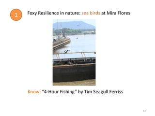 1   Foxy Resilience in nature: sea birds at Mira Flores




    Know: “4-Hour Fishing” by Tim Seagull Ferriss


                                                          13
 