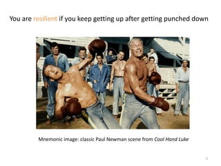 You are resilient if you keep getting up after getting punched down




         Mnemonic image: classic Paul Newman scene...