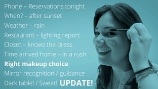 40 
Phone – Reservations tonight 
When? – after sunset 
Weather – rain 
Restaurant – lighting report 
Closet – knows the dress 
Time arrived home – in a rush 
Right makeup choice 
Mirror recognition / guidance 
Dark table! / Sweat! UPDATE! 
 