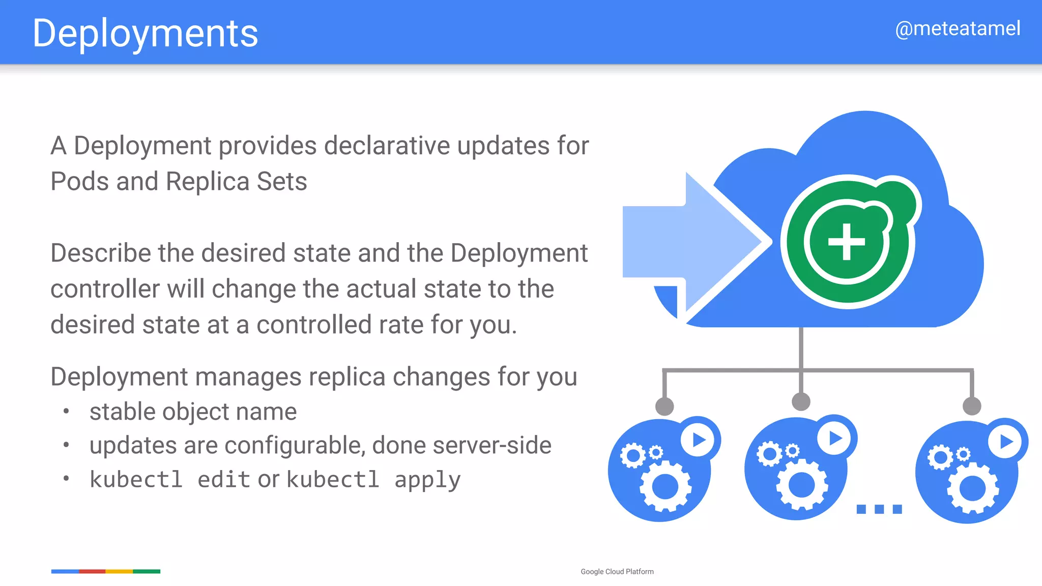 Google Cloud Platform
A Deployment provides declarative updates for
Pods and Replica Sets
Describe the desired state and the Deployment
controller will change the actual state to the
desired state at a controlled rate for you.
Deployment manages replica changes for you
• stable object name
• updates are configurable, done server-side
• kubectl edit or kubectl apply
...
Deployments @meteatamel
 