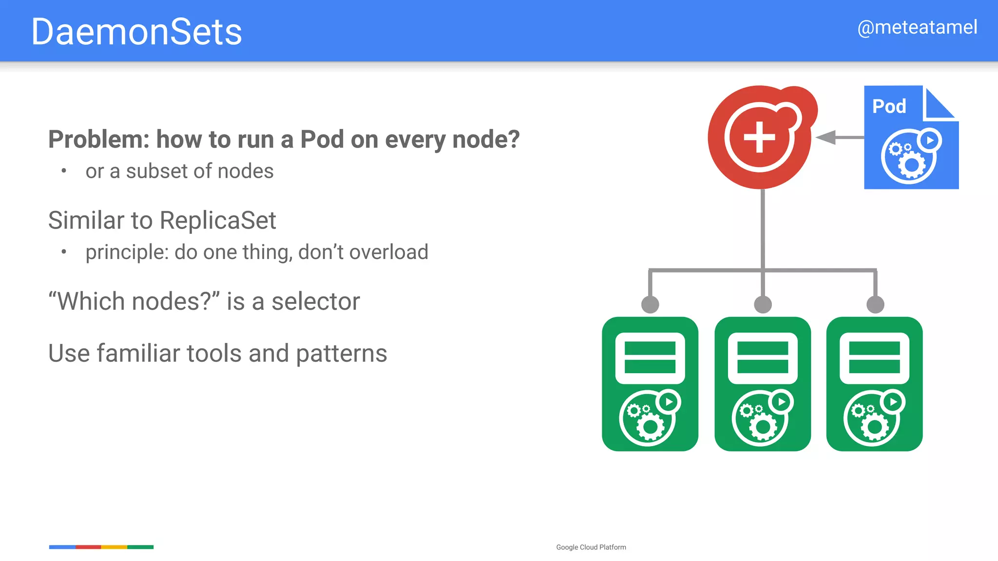 Google Cloud Platform
Problem: how to run a Pod on every node?
• or a subset of nodes
Similar to ReplicaSet
• principle: do one thing, don’t overload
“Which nodes?” is a selector
Use familiar tools and patterns
Pod
DaemonSets @meteatamel
 