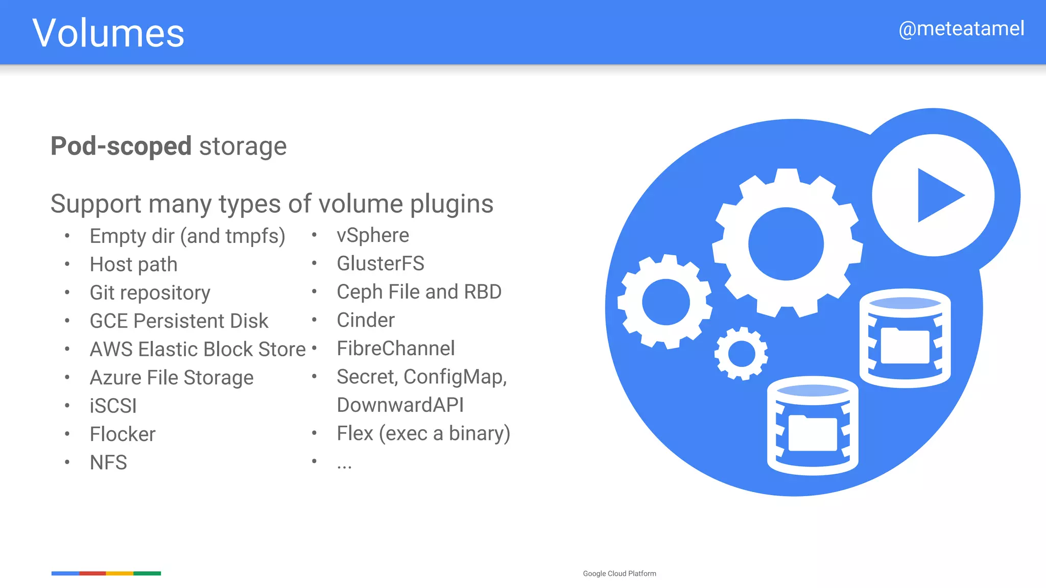 Google Cloud Platform
Pod-scoped storage
Support many types of volume plugins
• Empty dir (and tmpfs)
• Host path
• Git repository
• GCE Persistent Disk
• AWS Elastic Block Store
• Azure File Storage
• iSCSI
• Flocker
• NFS
• vSphere
• GlusterFS
• Ceph File and RBD
• Cinder
• FibreChannel
• Secret, ConfigMap,
DownwardAPI
• Flex (exec a binary)
• ...
Volumes @meteatamel
 