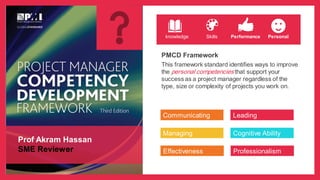 Prof Akram Hassan
SME Reviewer
knowledge Skills Performance
PMCD Framework
This framework standard identifies ways to improve
the personal competencies that support your
success as a project manager regardless of the
type, size or complexity of projects you work on.
Communicating Leading
Managing Cognitive Ability
Personal
Effectiveness Professionalism
 