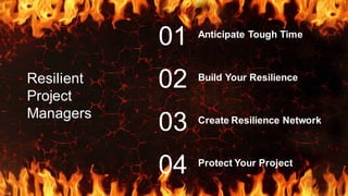 Anticipate Tough Time
01
Build Your Resilience
02
Create Resilience Network
03
Protect Your Project
04
Resilient
Project
Managers
 