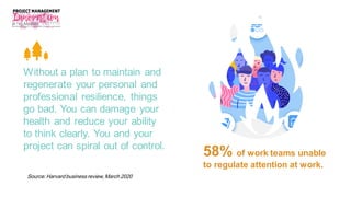 58% of work teams unable
to regulate attention at work.
Without a plan to maintain and
regenerate your personal and
professional resilience, things
go bad. You can damage your
health and reduce your ability
to think clearly. You and your
project can spiral out of control.
Source: Harvard business review, March 2020
 
