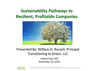 Sustainability Pathways to
Resilient, Profitable Companies
Impact Hub, NYC
November 23, 2015
Presented By: William G. Russell, Principal
Transitioning to Green, LLC
 