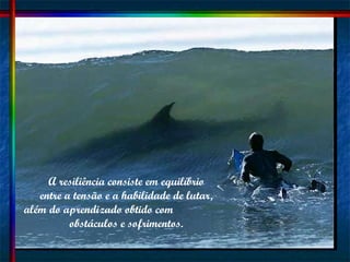 A resiliência consiste em equilíbrio  entre a tensão e a habilidade de lutar,  além do aprendizado obtido com  obstáculos e sofrimentos.  