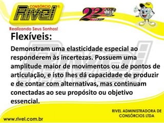 Flexíveis:Demonstram uma elasticidade especial ao responderem às incertezas. Possuem uma amplitude maior de movimentos ou de pontos de articulação, e isto lhes dá capacidade de produzir  e de contar com alternativas, mas continuam conectadas ao seu propósito ou objetivo essencial.
