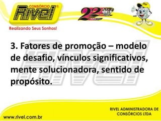 3. Fatores de promoção – modelo de desafio, vínculos significativos, mente solucionadora, sentido de propósito.
